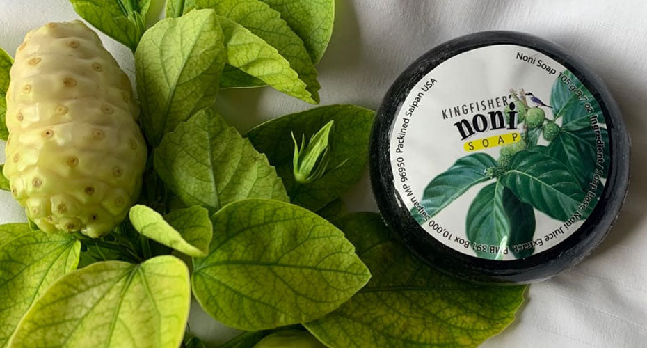 Kingfisher’s Noni Soap placed next to a ripe noni fruit and fresh green leaves, showcasing natural skincare ingredients.
